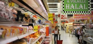 Halal butchery and poultry shelves in a supermarket